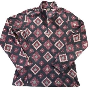 Eddie Bauer Womens Fleece Pullover Sweater Geometric Print Navy Burgundy Size L